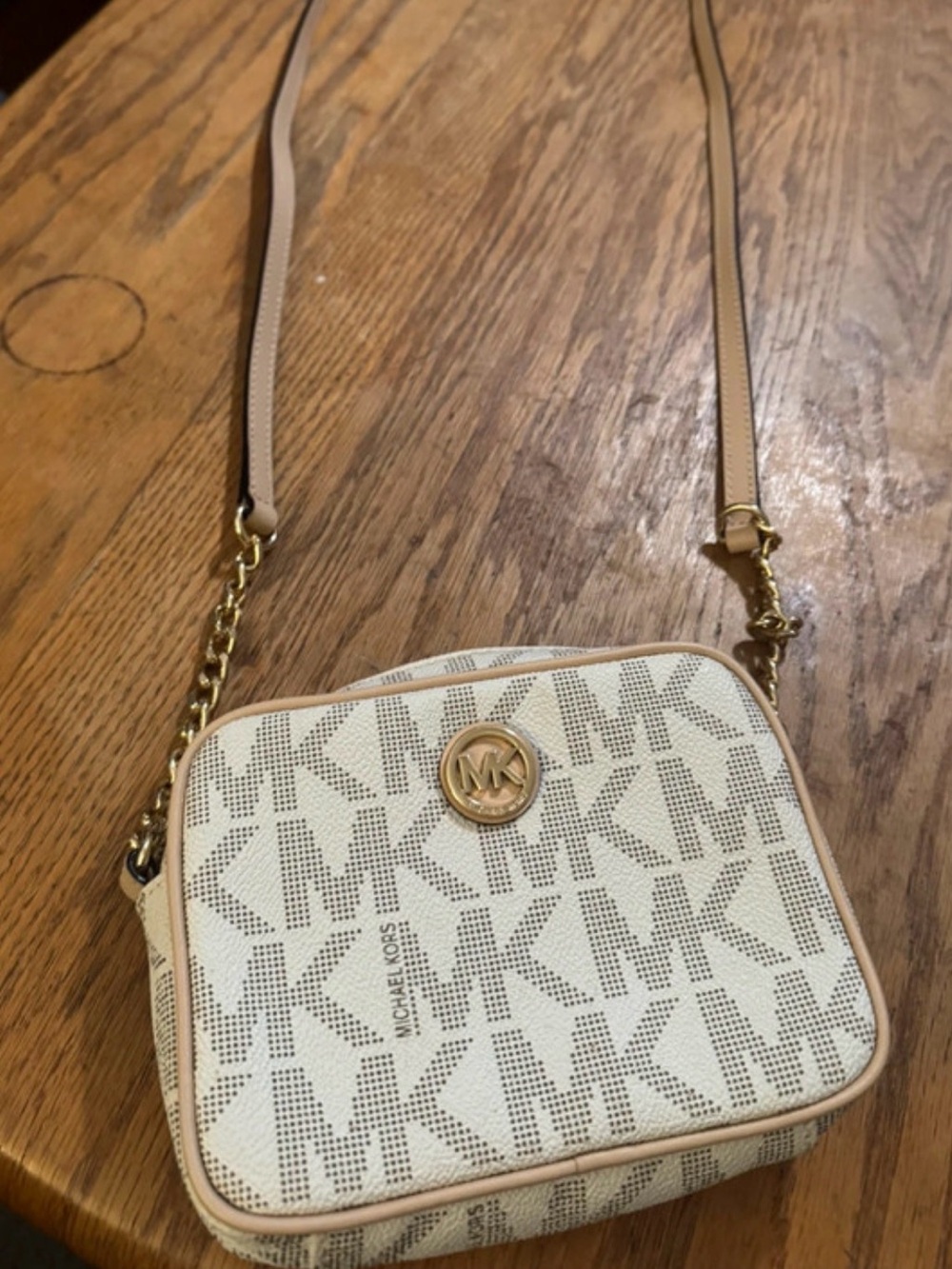 Michael Kors Beige Cream MK Logo Crossbody Bag with Gold-Tone Hardware